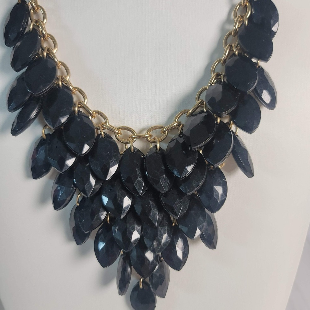 Black‎ Bib Statement Necklace Gold Tone Multi Strand Faceted Marquise Petal Drop - Picture 2 of 6